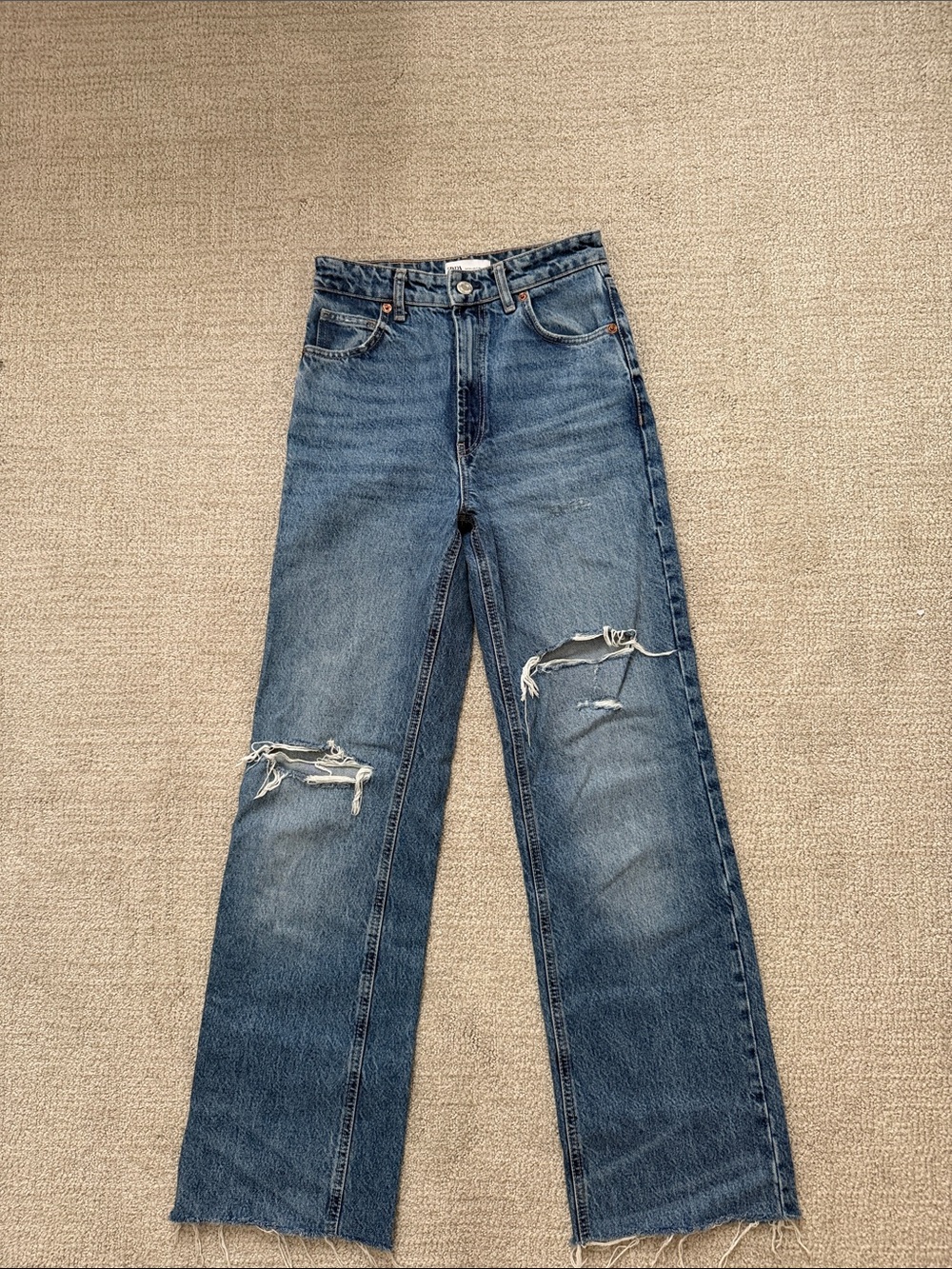 Zara Distressed Straight-Leg Jeans - Blue